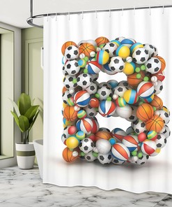 Athletics Games Alphabet Shower Curtain, Tennis Volleyball Football Basketball Baseball Theme Cloth Fabric Bathroom Décor