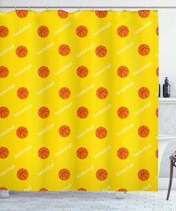 Athletics League Theme Shower Curtain, Balls on Yellow Backdrop Cloth Bathroom Decor in Yellow Orange White