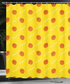 Athletics League Theme Shower Curtain, Balls on Yellow Backdrop Cloth Bathroom Decor in Yellow Orange White