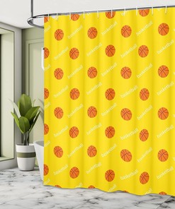Athletics League Theme Shower Curtain, Balls on Yellow Backdrop Cloth Bathroom Decor in Yellow Orange White