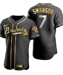 Atlanta Braves #7 Dansby Swanson Mlb Golden Brandedition Black Jersey Gift For Braves Fans