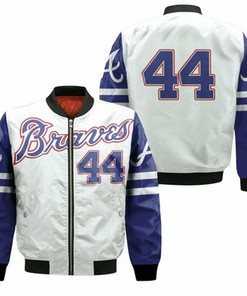 Atlanta Braves Hank Aaron 44 2020 Mlb White And Blue Jersey Inspired Bomber Jacket Model 405