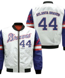 Atlanta Braves Hank Aaron 44 2020 Mlb White And Blue Jersey Inspired Style Bomber Jacket