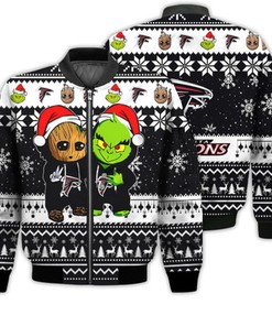 Atlanta Falcons Baby Groot And Grinch Best Friends Football American Ugly Christmas Sweater Gifts Unisex 3D Bomber Jacket