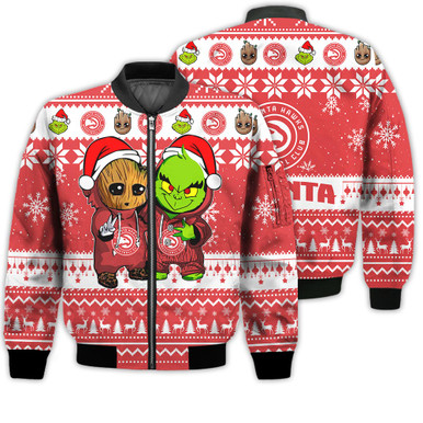 Atlanta Hawks Baby Groot And Grinch Best Friends Football American Ugly Christmas Sweater Gifts Unisex 3D Bomber Jacket