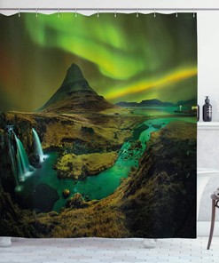 Aurora Borealis Shower Curtain, Nature Landscape Cloth Bathroom Decor in Fern and Olive Green