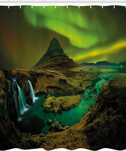 Aurora Borealis Shower Curtain, Nature Landscape Cloth Bathroom Decor in Fern and Olive Green