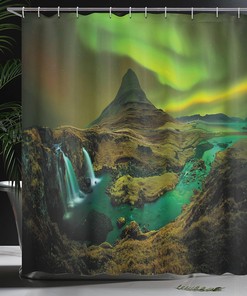 Aurora Borealis Shower Curtain, Nature Landscape Cloth Bathroom Decor in Fern and Olive Green