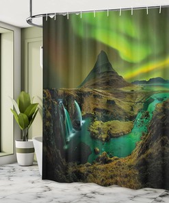 Aurora Borealis Shower Curtain, Nature Landscape Cloth Bathroom Decor in Fern and Olive Green