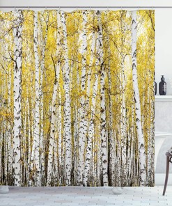 Autumn Birch Forest Shower Curtain with Golden Leaves for Bathroom Decor