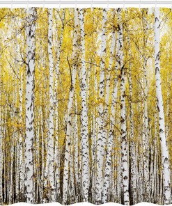 Autumn Birch Forest Shower Curtain with Golden Leaves for Bathroom Decor