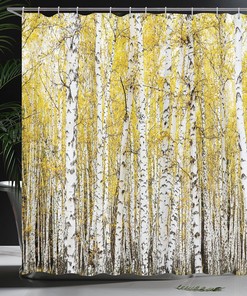 Autumn Birch Forest Shower Curtain with Golden Leaves for Bathroom Decor