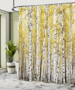 Autumn Birch Forest Shower Curtain with Golden Leaves for Bathroom Decor