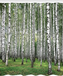 Autumn Birch Shower Curtain, Forest Trees View Landscape Picture Cloth Fabric Bathroom Decor, Home Decor Black/White