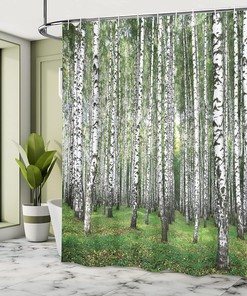 Autumn Birch Shower Curtain, Forest Trees View Landscape Picture Cloth Fabric Bathroom Decor, Home Decor Black/White