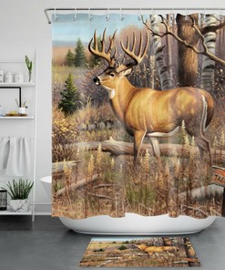 Autumn Forest Deer Shower Curtain for a Rustic Bathroom Decor with Wild Elk Animals