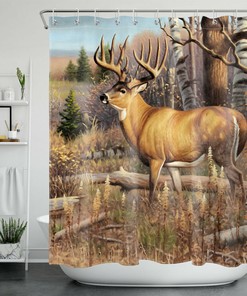 Autumn Forest Deer Shower Curtain for a Rustic Bathroom Decor with Wild Elk Animals