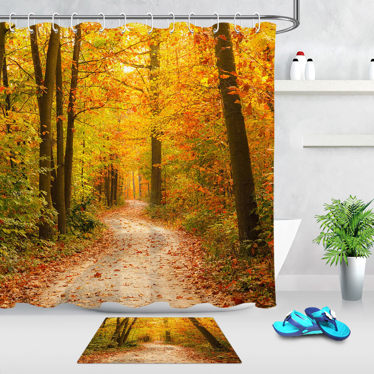 Autumn Forest Mushroom Printed Bathroom Shower Curtain Fabric Liner Home Decoration