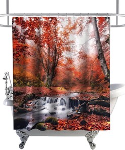 Autumn Forest Trees Waterfall River Bridge Shower Curtain Bathroom Decor - A Beautiful Nature Scene for Your Bathroom