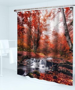 Autumn Forest Trees Waterfall River Bridge Shower Curtain Bathroom Decor - A Beautiful Nature Scene for Your Bathroom