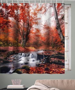 Autumn Forest Trees Waterfall River Bridge Shower Curtain Bathroom Decor - A Beautiful Nature Scene for Your Bathroom