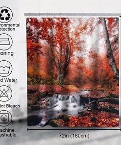 Autumn Forest Trees Waterfall River Bridge Shower Curtain Bathroom Decor - A Beautiful Nature Scene for Your Bathroom