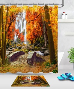 Autumn Forest Waterfall Shower Curtain - Natural Scenery for Rustic Bathroom Decor
