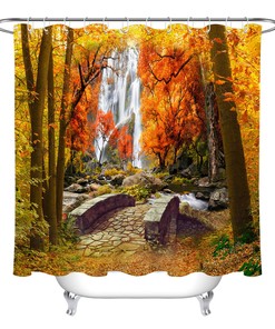 Autumn Forest Waterfall Shower Curtain - Natural Scenery for Rustic Bathroom Decor