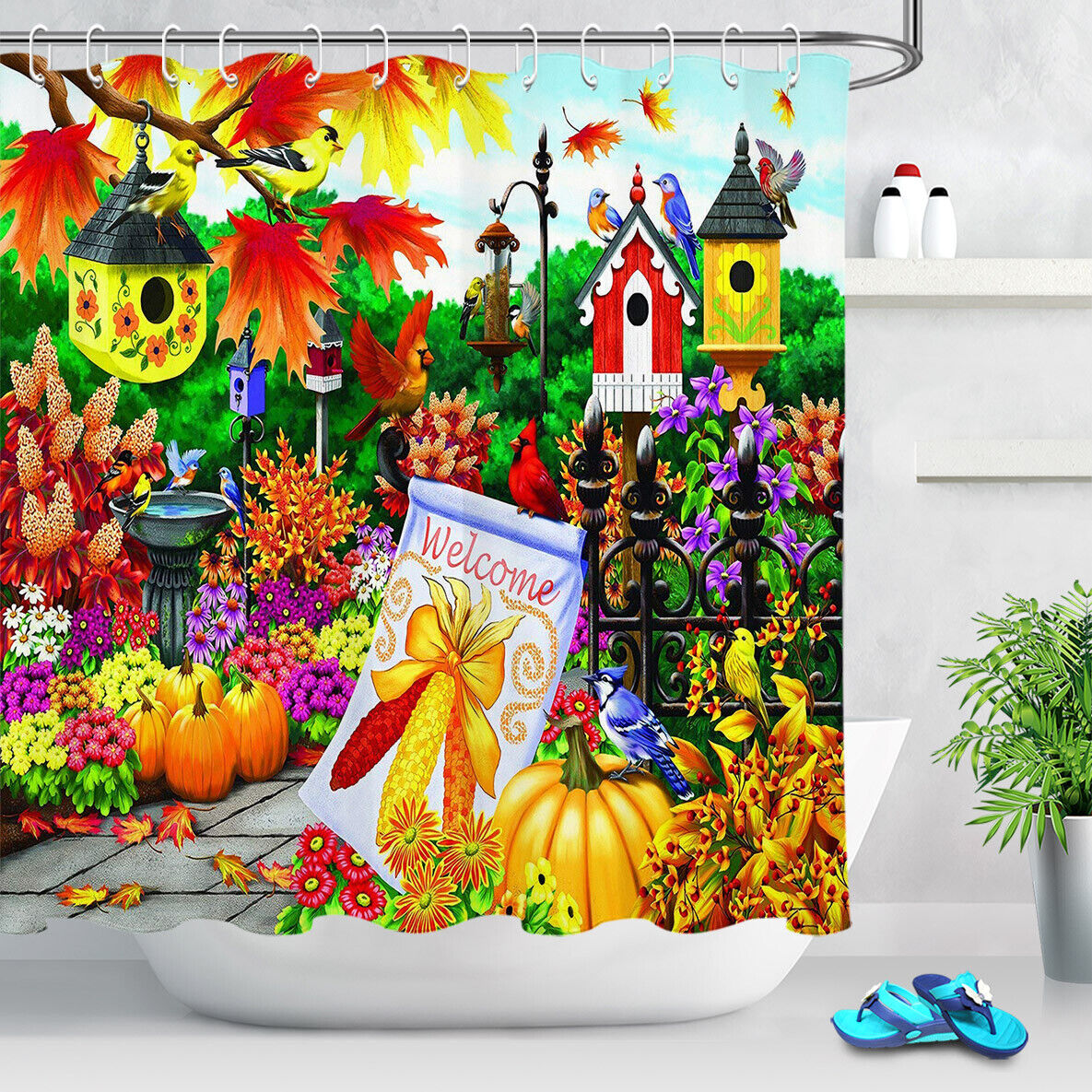 Autumn Garden Trees Fall Red Maple Leaf Fabric Shower Curtain Bathroom Decor - for a Rustic and Nature-Inspired Bathroom