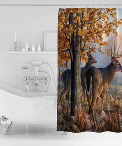 Autumn Nature Wildlife Animal Deers Hunting Season Bathroom Shower Curtain - Waterproof Fabric
