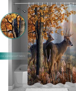 Autumn Nature Wildlife Animal Deers Hunting Season Bathroom Shower Curtain - Waterproof Fabric 