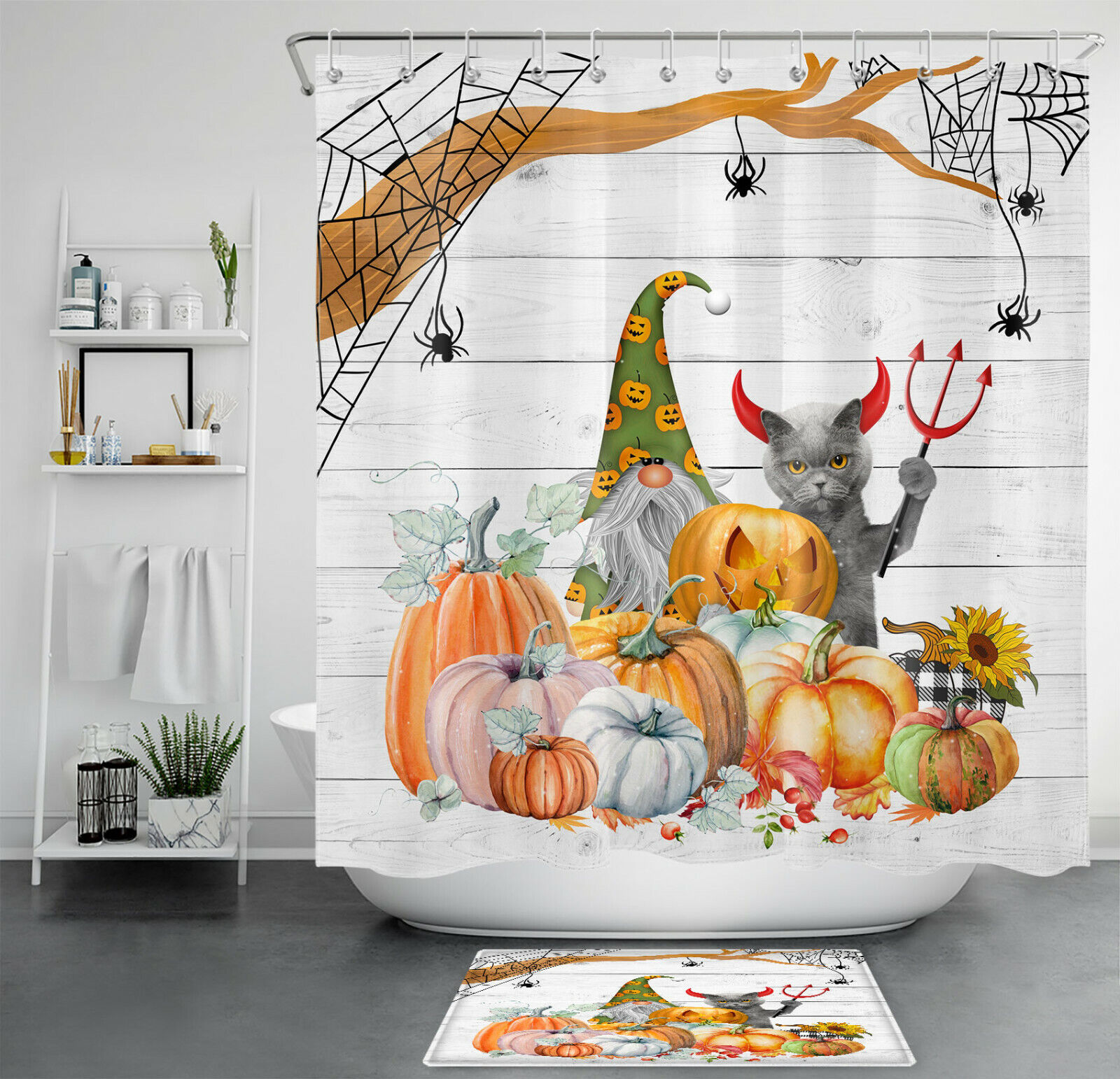 Autumn Pumpkin Gnome Shower Curtain with a Funny Cat Devil for a Whimsical Bathroom Accessory