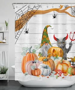 Autumn Pumpkin Gnome Shower Curtain with a Funny Cat Devil for a Whimsical Bathroom Accessory