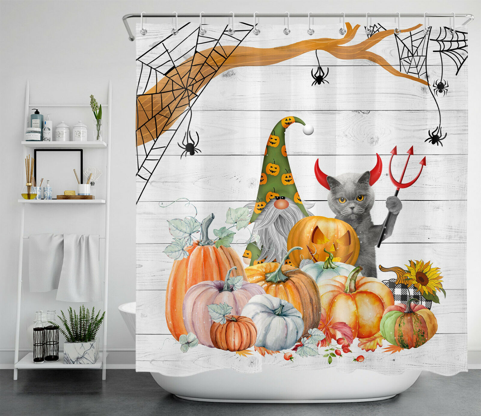 Autumn Pumpkin Gnome Shower Curtain with a Funny Cat Devil for a Whimsical Bathroom Accessory