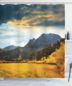 Autumn Shower Curtain Mountain Grassland Sun Print for a Rustic Bathroom Decor