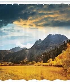 Autumn Shower Curtain Mountain Grassland Sun Print for a Rustic Bathroom Decor