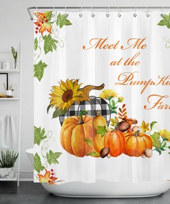 Autumn Shower Curtain Pumpkin Sunflower Mushroom Maple Leaf For a Rustic Bathroom Decor