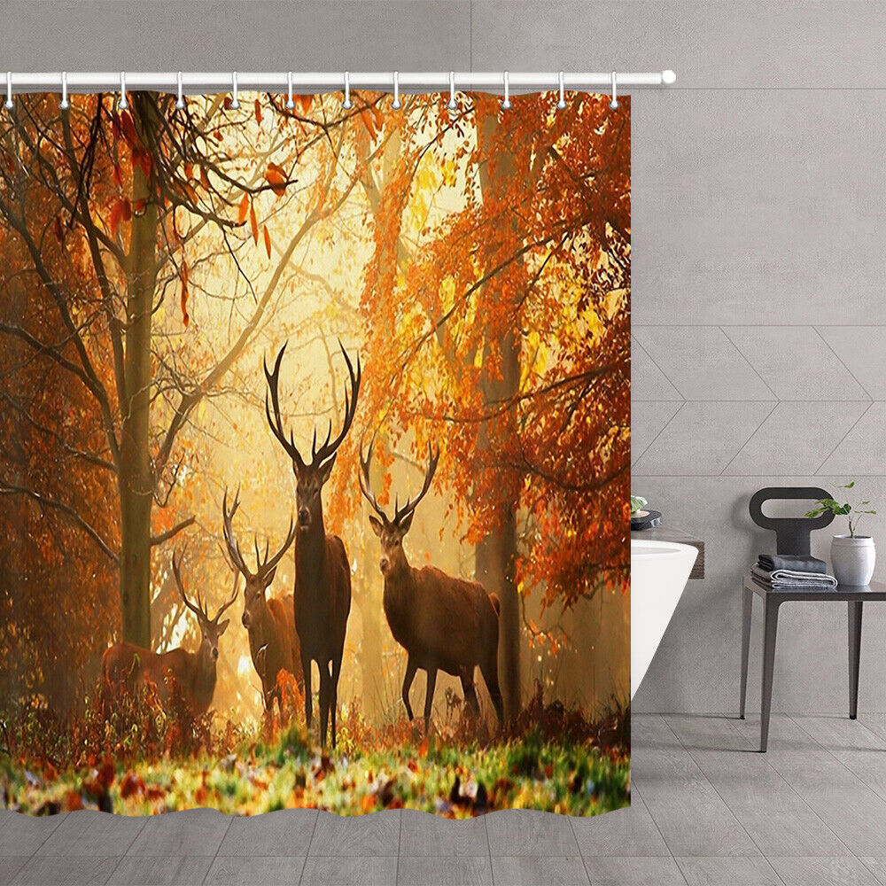 Autumn Trees Deer Animal Print Waterproof Fabric Shower Curtain for Bathroom