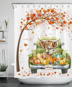 Autumn Watercolor Pumpkin Shower Curtain Maple Leaves Bathroom Accessory