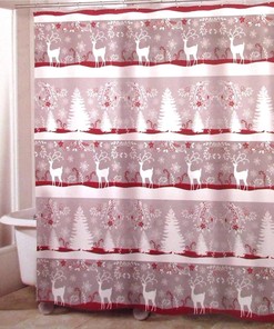 Avanti Linens Red Silver Gray Cottage CHRISTMAS DEER Fabric Shower Curtain - New Bathroom Decor