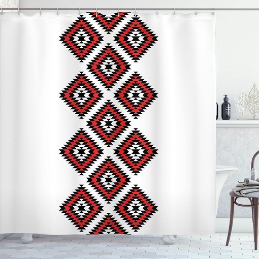 Aztec Motifs Shower Curtain, Native American Design with Zig Zag Ornaments, Bathroom Curtain