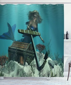 Azure Blue Brown and Cream Mermaid Shower Curtain with Pirates Treasure Chest Design for a Nautical Bathroom Decor