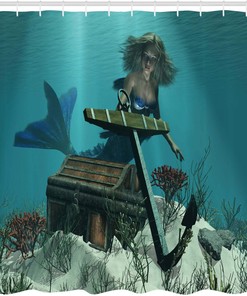 Azure Blue Brown and Cream Mermaid Shower Curtain with Pirates Treasure Chest Design for a Nautical Bathroom Decor