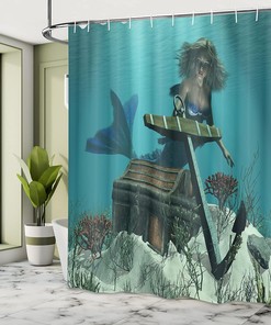 Azure Blue Brown and Cream Mermaid Shower Curtain with Pirates Treasure Chest Design for a Nautical Bathroom Decor