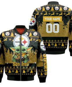 Baby Yoda Hugs Pittsburgh Steelers Football 2020 Personalized 1 Bomber Jacket