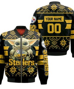 Baby Yoda Hugs Pittsburgh Steelers Football 2020 Personalized Bomber Jacket Model 443