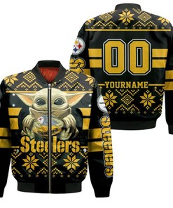 Baby Yoda Hugs Pittsburgh Steelers Ugly Sweater 3D 1 Personalized Bomber Jacket All-Over Print
