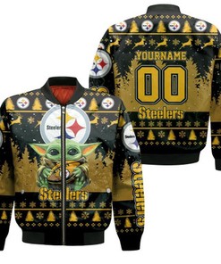 Baby Yoda Hugs Pittsburgh Steelers Ugly Sweater 3D Personalized Bomber Jacket All-Over Print