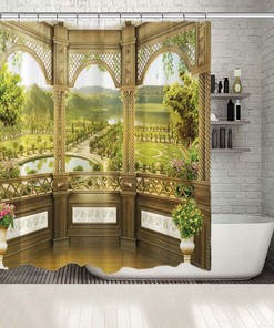 Balcony View Shower Curtain - Classic Garden Lake Art Bath Curtain for Relaxing Bathroom Decor