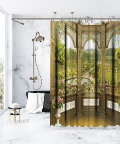 Balcony View Shower Curtain - Classic Garden Lake Art Bath Curtain for Relaxing Bathroom Decor